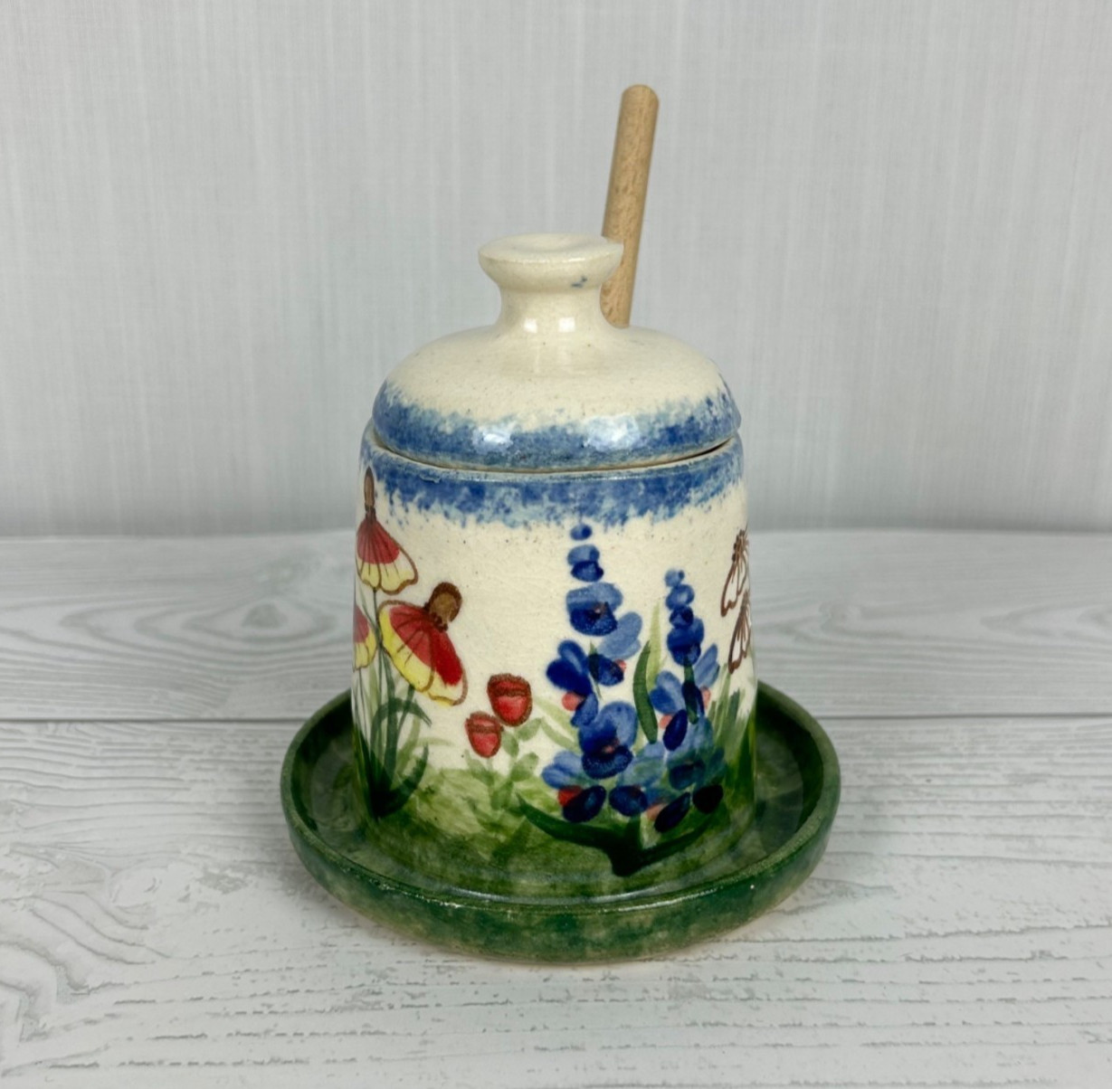 Handcrafted Ceramic Honey Pot Botanical Design Lid & Dipper Artist signed MDE