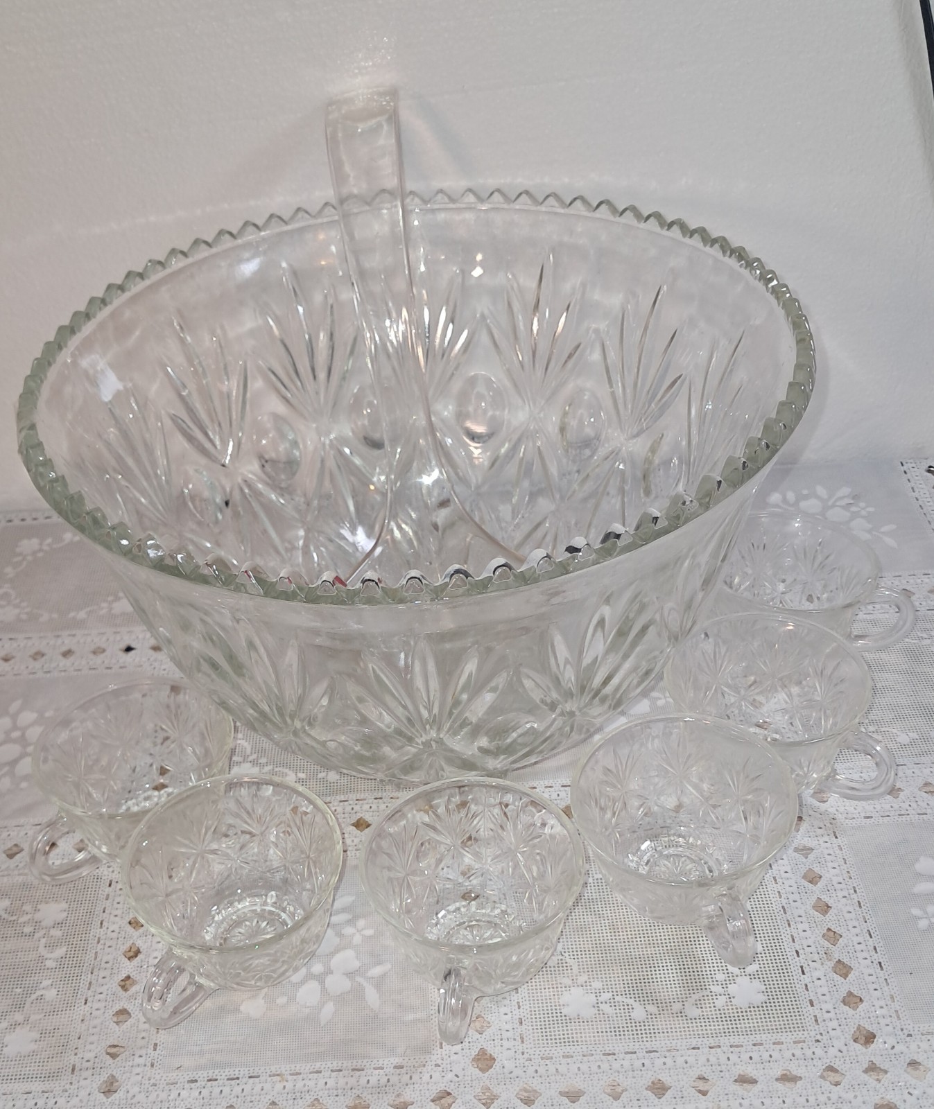 Crystal Punch Bowl Set With 6 Cups & Laddle