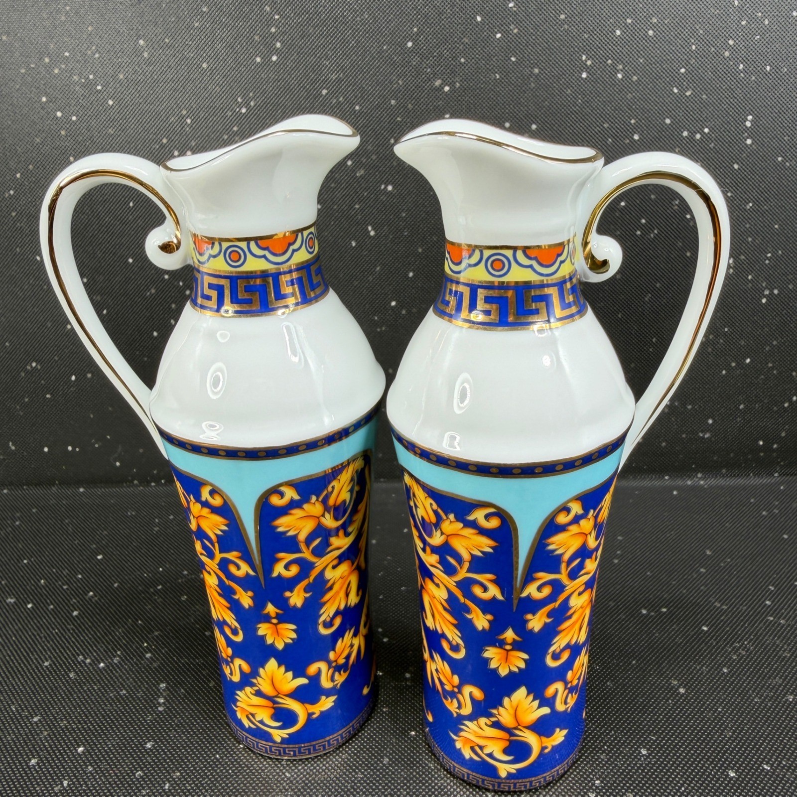 Limoges Casa Elite Bacchus God of Wine Cruet Set 2 Porcelain Jars Blue Gold