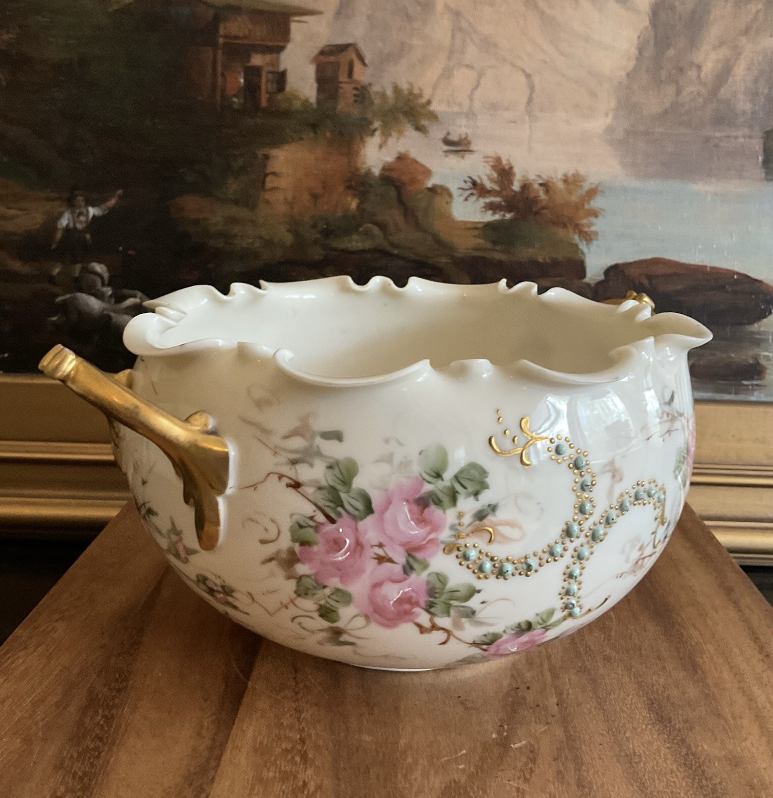 WILLETS BELLEEK Hand Painted Roses HANDLED BOWL Ruffle Rim Antique Late 19th CE