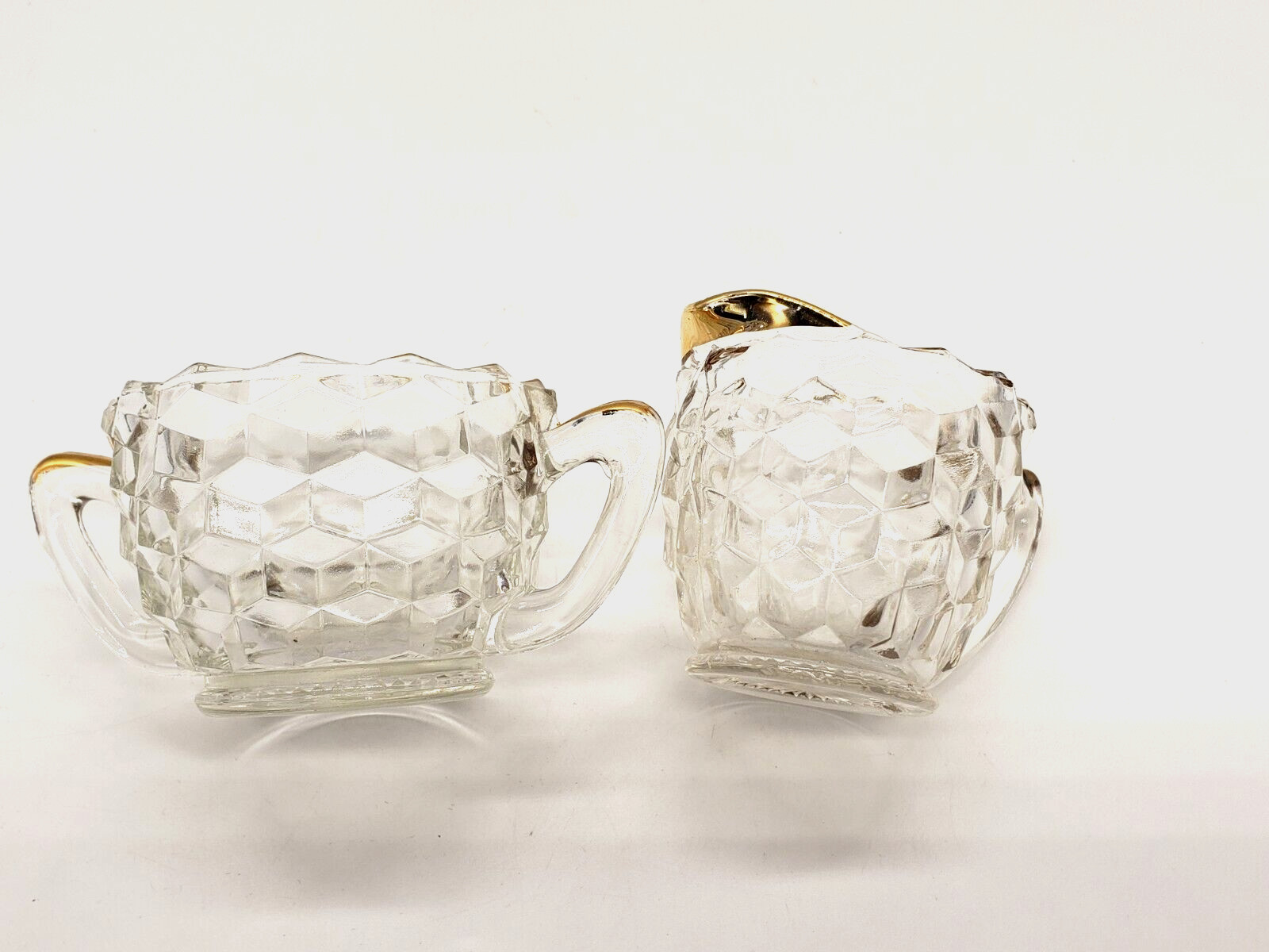 Vintage Depression Clear Glass- Cubist Pattern Sugar Bowl and Creamer gold trim