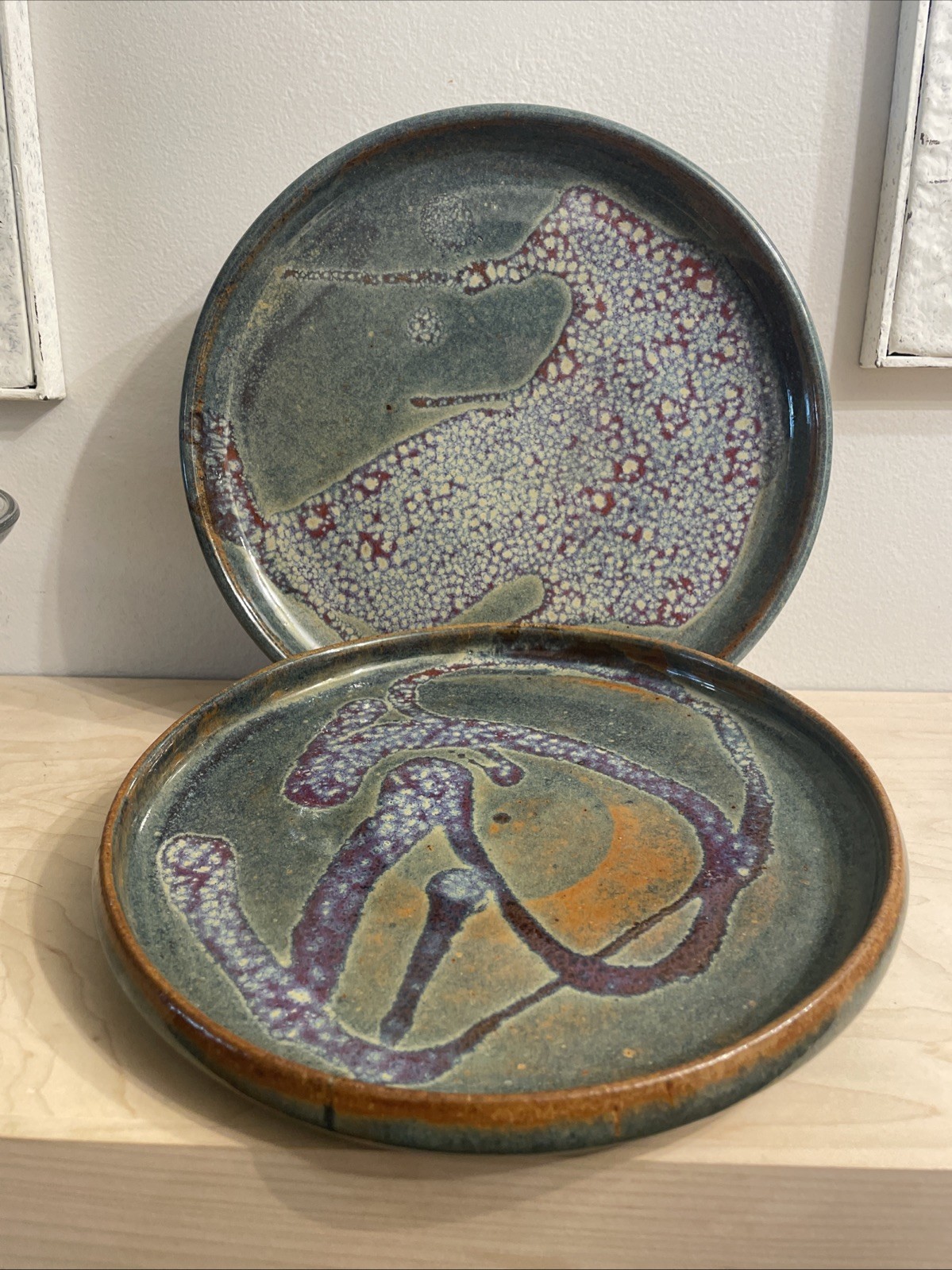 Vintage Blue/green/brown Speckled Art Pottery Stoneware Dinner Plates – Set Of 2
