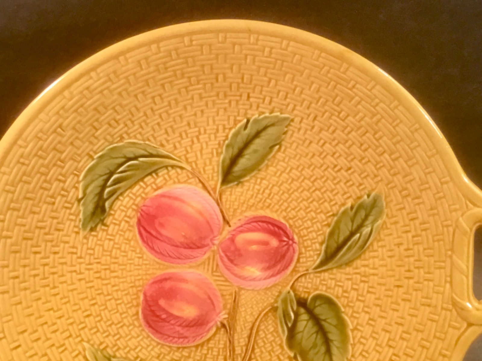 Antique Majolica Fruit and Leaves on Basketweave Platter c.1907