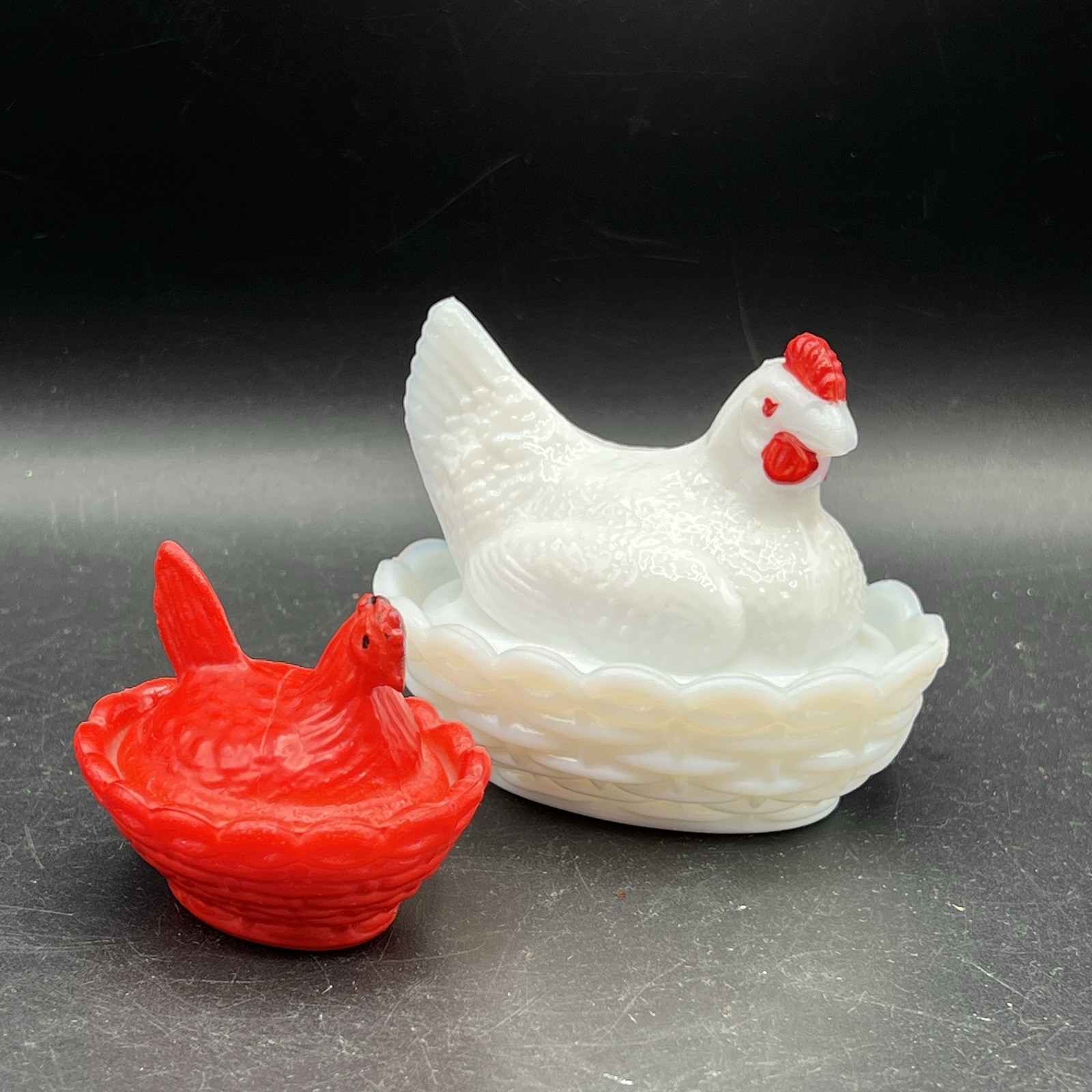 VTG Westmoreland Hen on Nest Covered Dish White Red Milk Glass Set Of 2