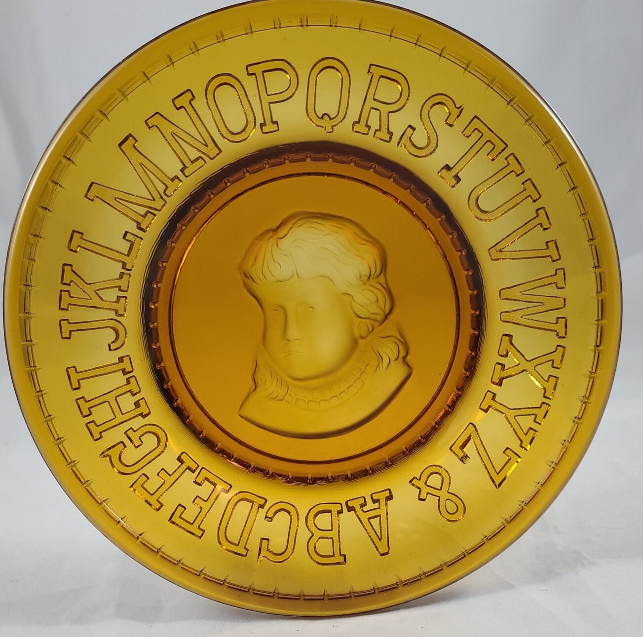 Antique Boy ABC Plate Emmas Homstead Glass Work Of Bryce Higbee & Co. #531 Amber