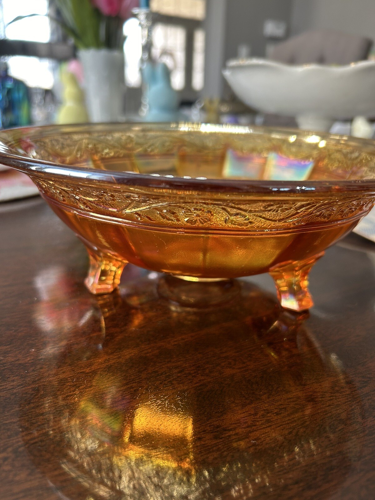 Vintage Carnival Marigold Iridescent 3 Footed Bowl – Floral & Foliate Pattern 9”