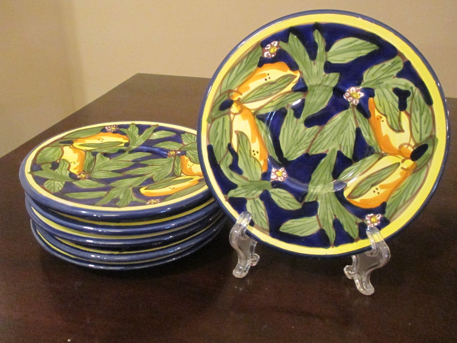 Le Souk Ceramique Tunisia SAUCER ONLY Set of 6 Cobalt Blue Yellow Lemons