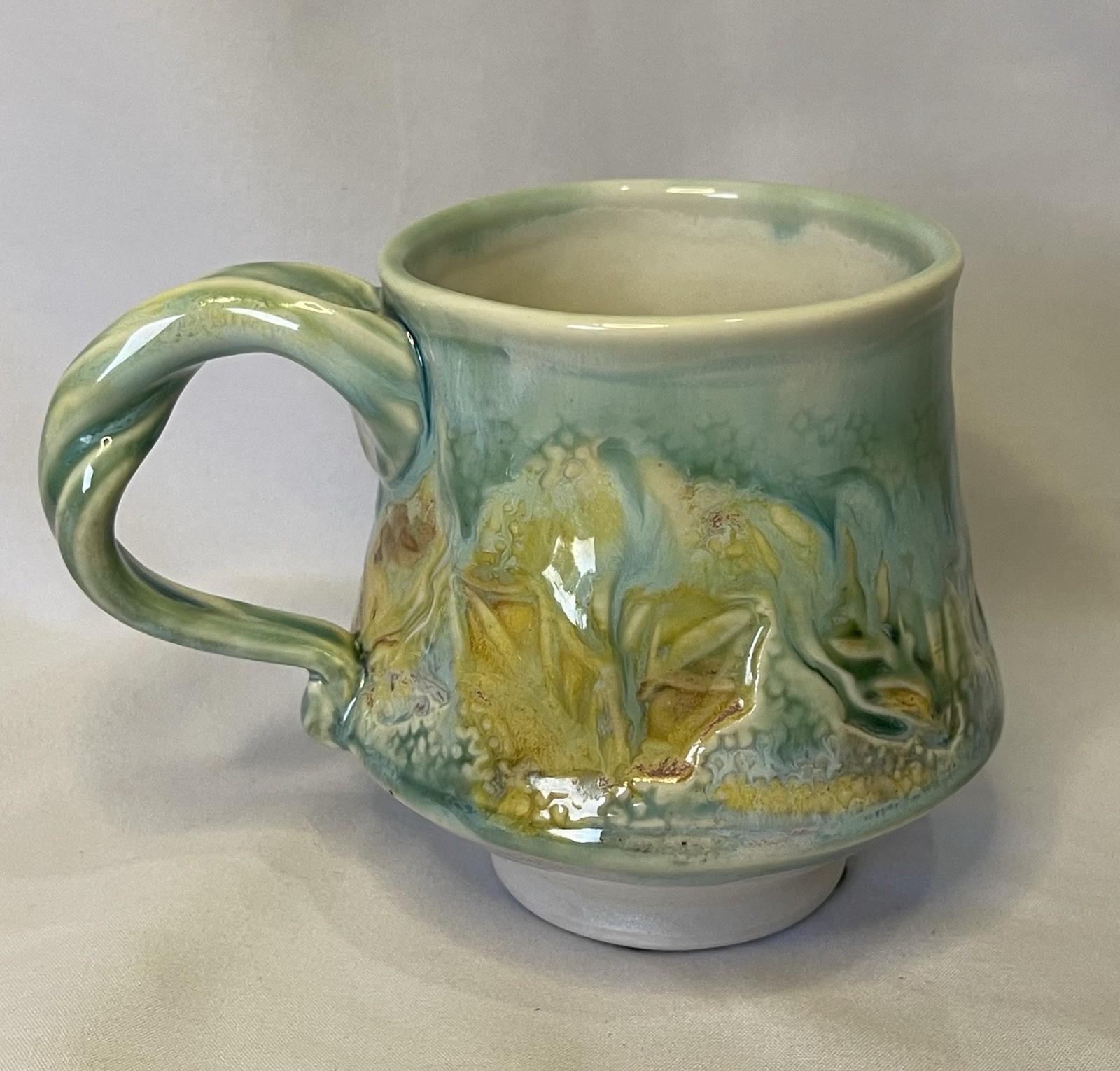 Handmade Studio Art Pottery Mug Leaf Imprint Green Drip Glaze signed by artist
