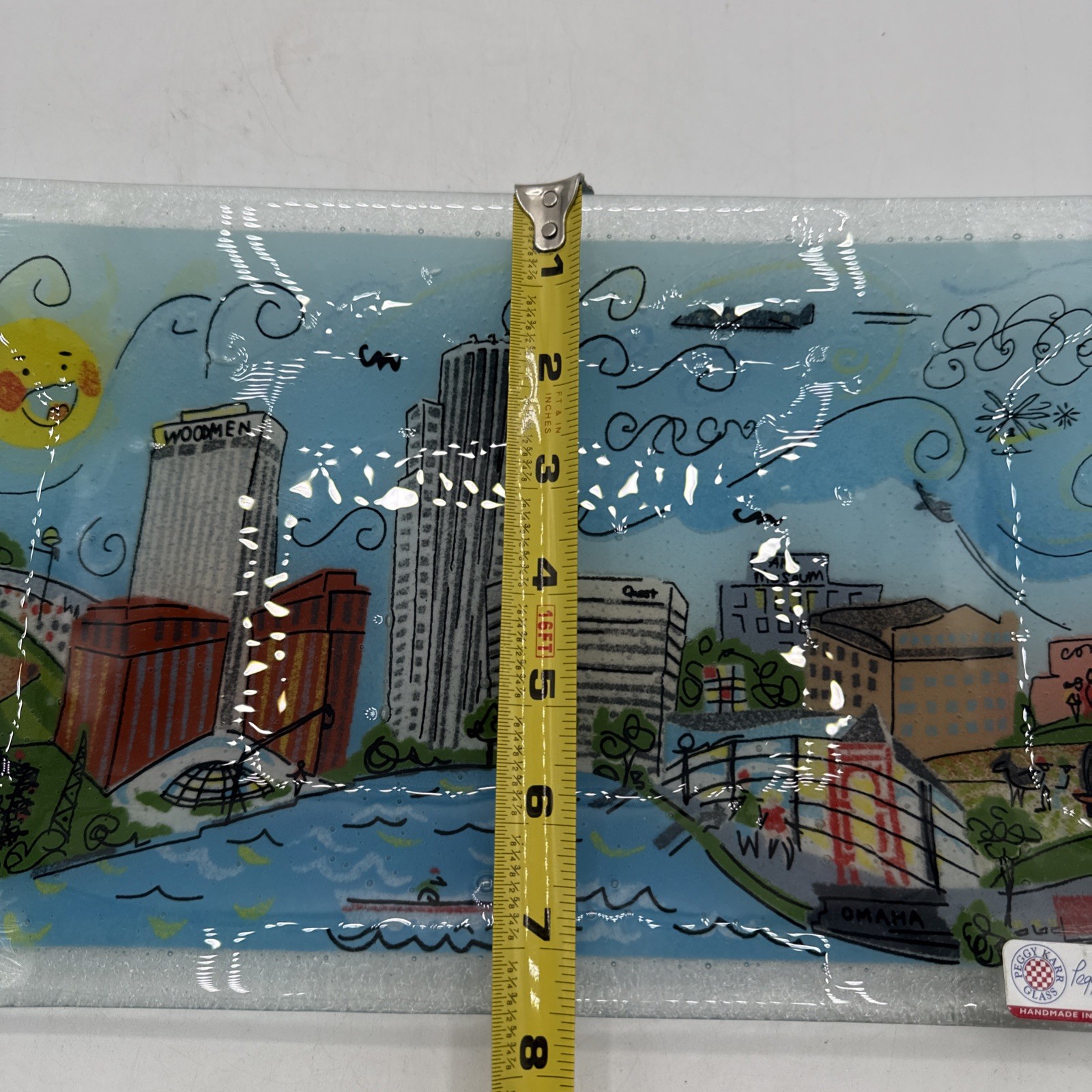 PEGGY KARR Famous Omaha, NE Sites Fused Glass Rectangle 14” Platter Nice