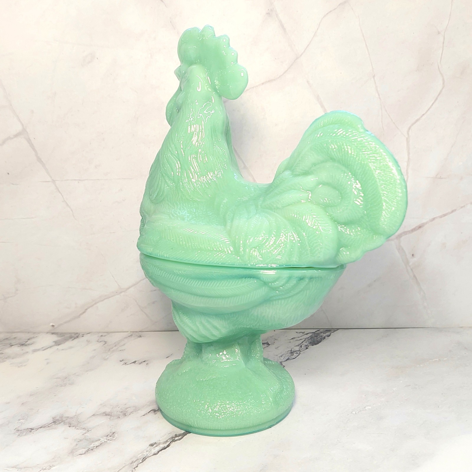 Green Jadeite Depression Style Glass Rooster Chicken Candy Dish, Hen on Nest