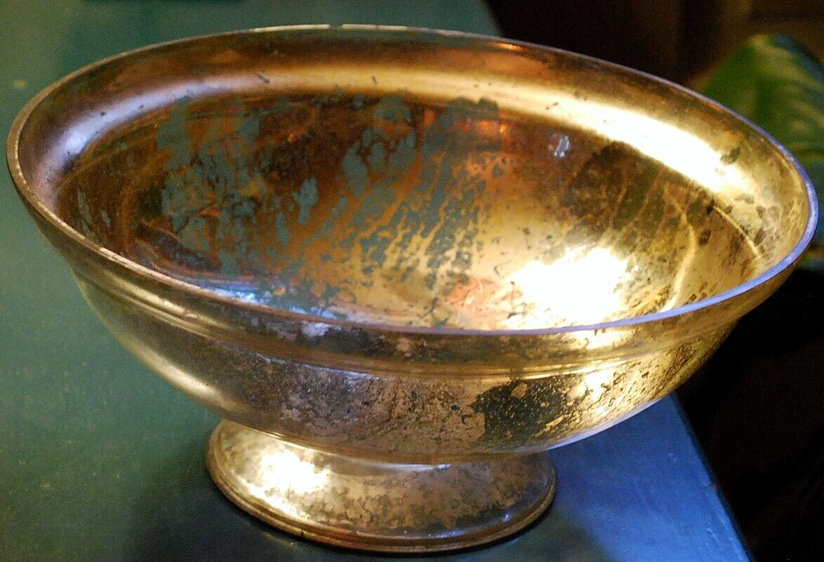 Antique Victorian SILVERED MERCURY GLASS BOWL Pedestal Base HAND BLOWN 9.25″