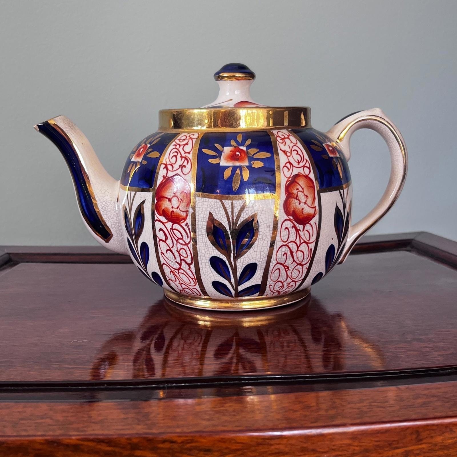 Sudlows Burlesom Gaudy Welsh Tea Pot Cobalt Blue, rust and gold pattern