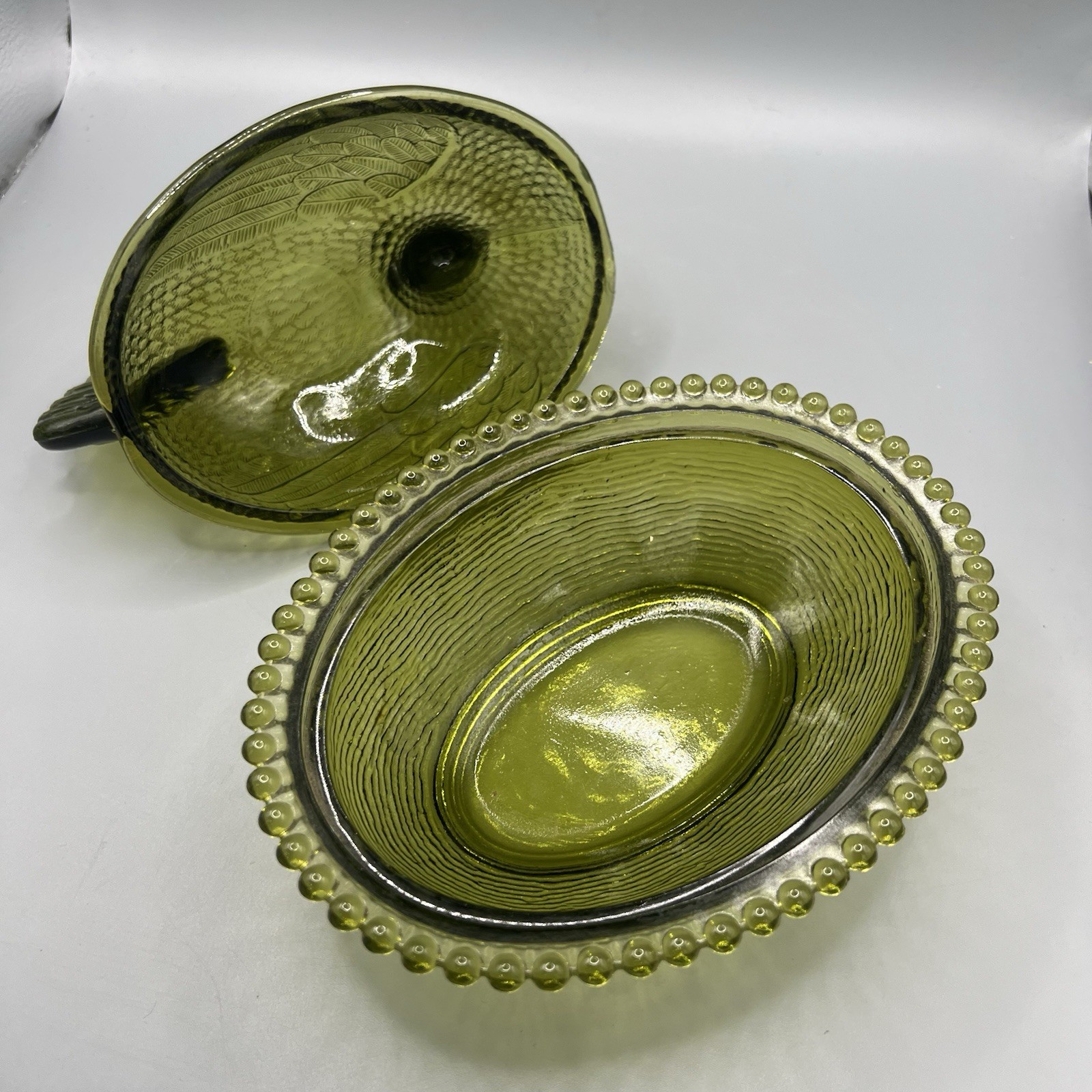 Vintage Indiana Olive Green Hen On Nest Glass Covered Candy Dish 7″