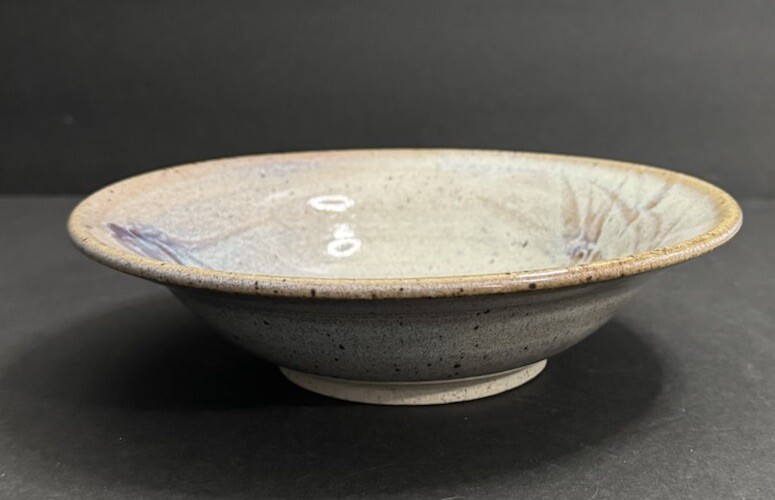 Handmade Studio Art Pottery Bowl Artist Signed 8” W 2.5” Tan Blue Purple Gray ￼