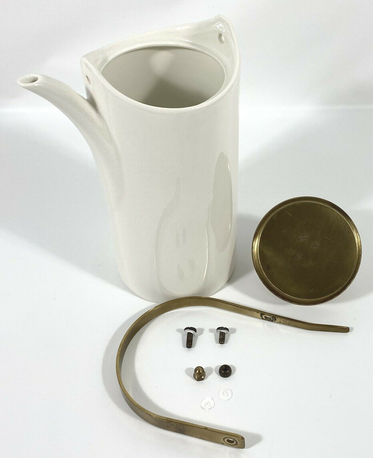 Vtg Danish Style Pottery Coffee Pot White w/ Metal Lid & Handle Carafe 9″ RARE