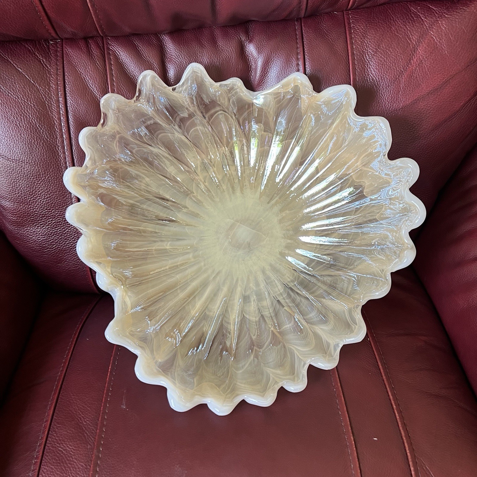 Murano Art Glass XL White Cream Freeform 3-Leaf Clover Center Bowl Italy 16″dia