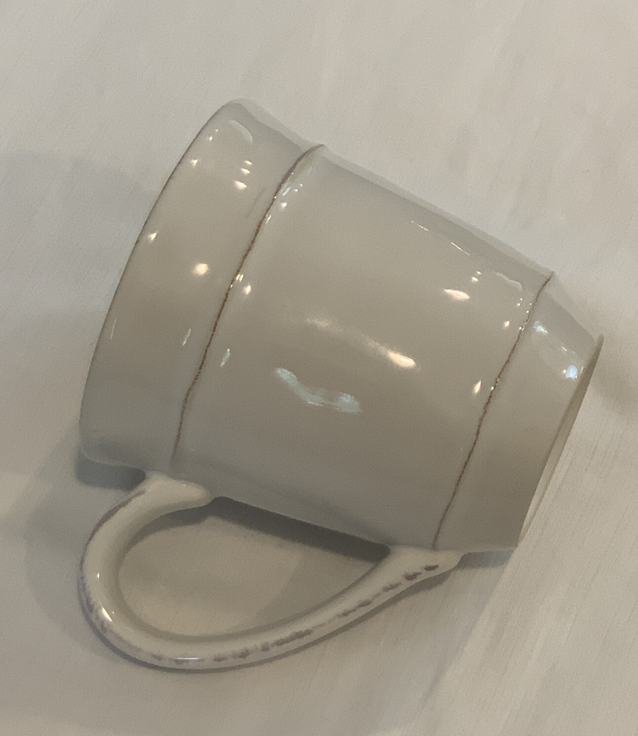 Pottery Barn Cambria Stone White Coffee Mug 4.25″ Tall Made In Portugal MINT!