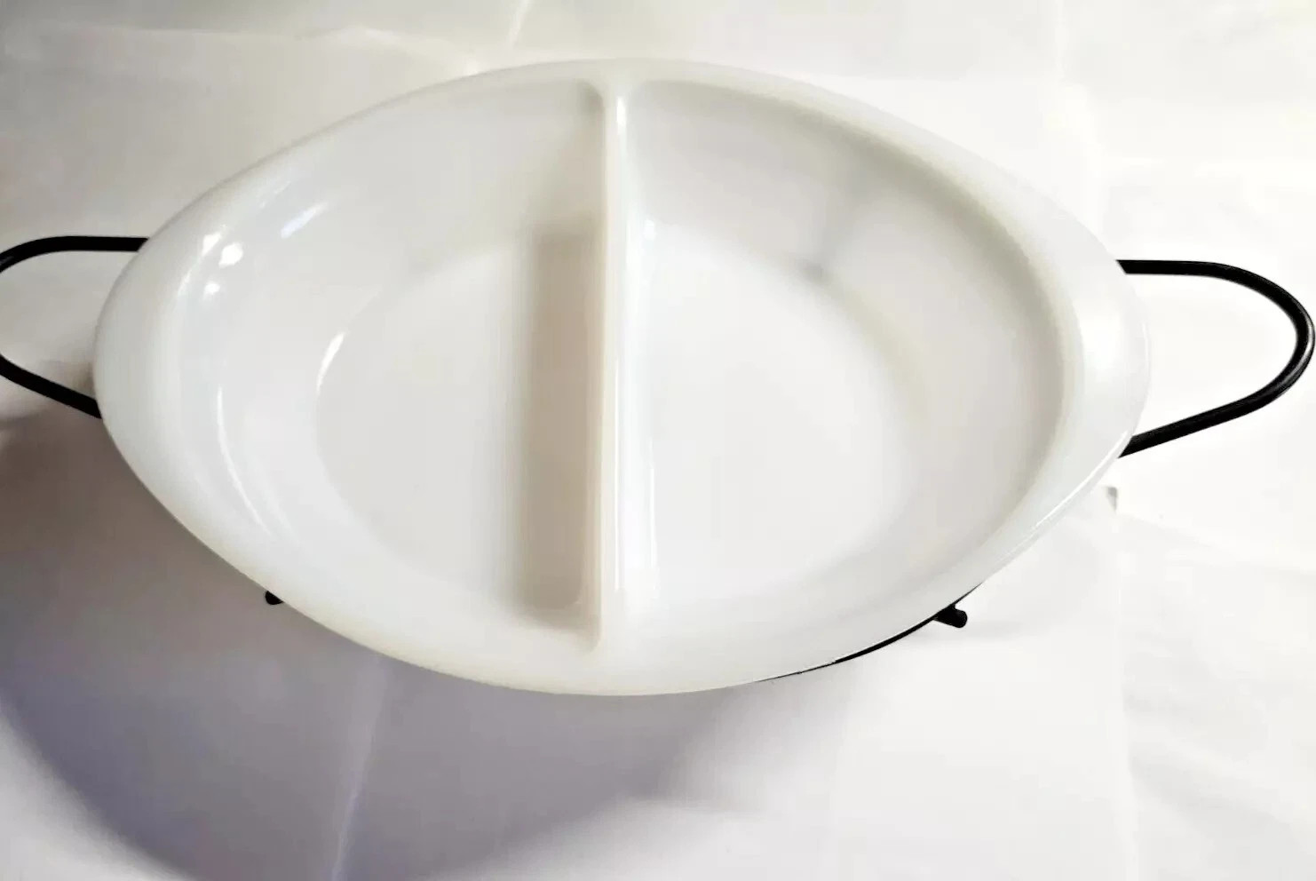 Vintage GLASBAKE J-239 WHITE Divided Oval CASSEROLE DISH & METAL SERVING STAND