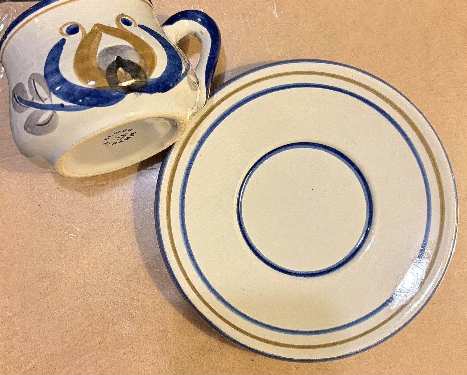Set of 4 Ulmer Keramik Vintage Stoneware Cup & Saucers Germany Blue Gray Tan
