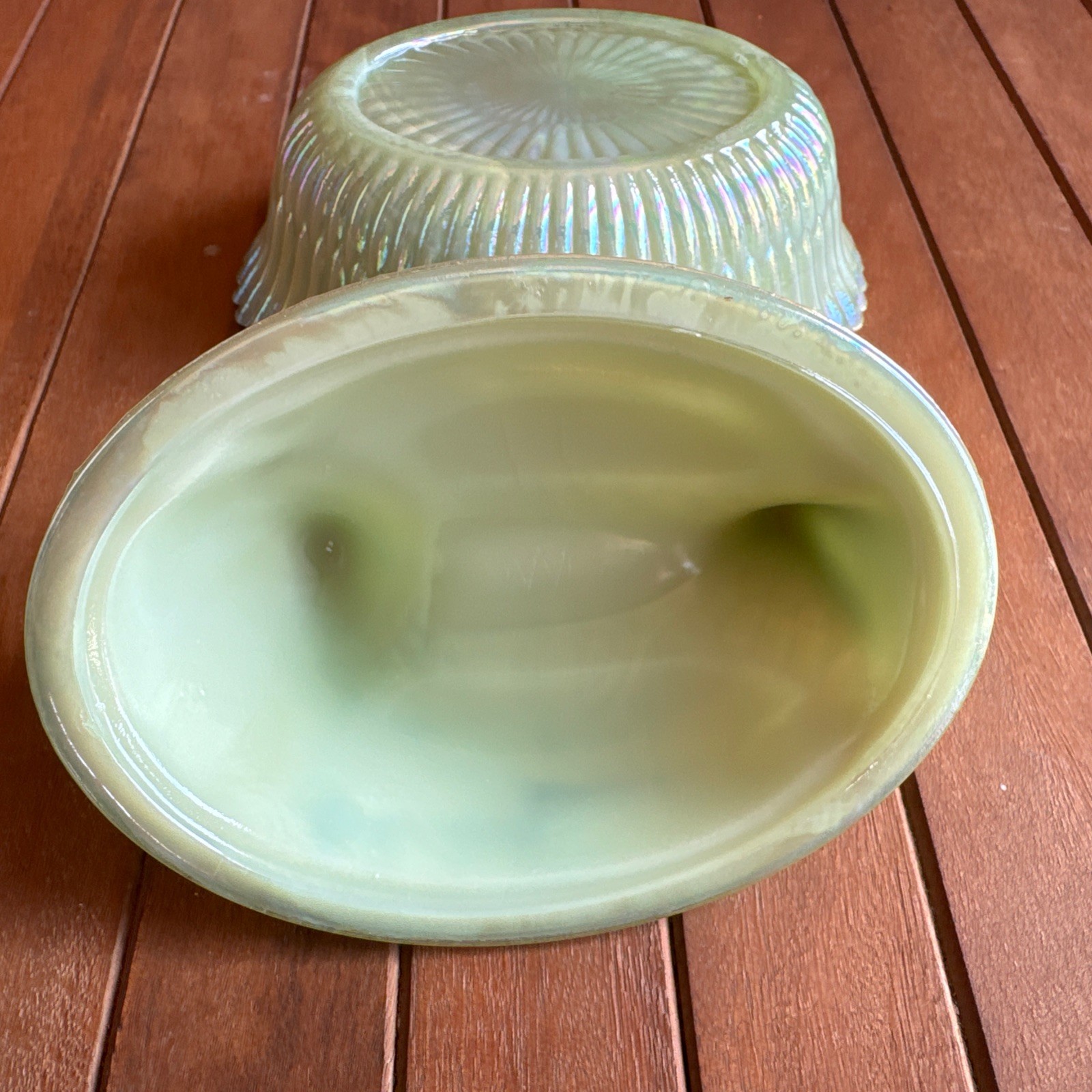 Jade Green Carnival Glass Iridescent Hen on Nest Westmoreland Nesting Chicken