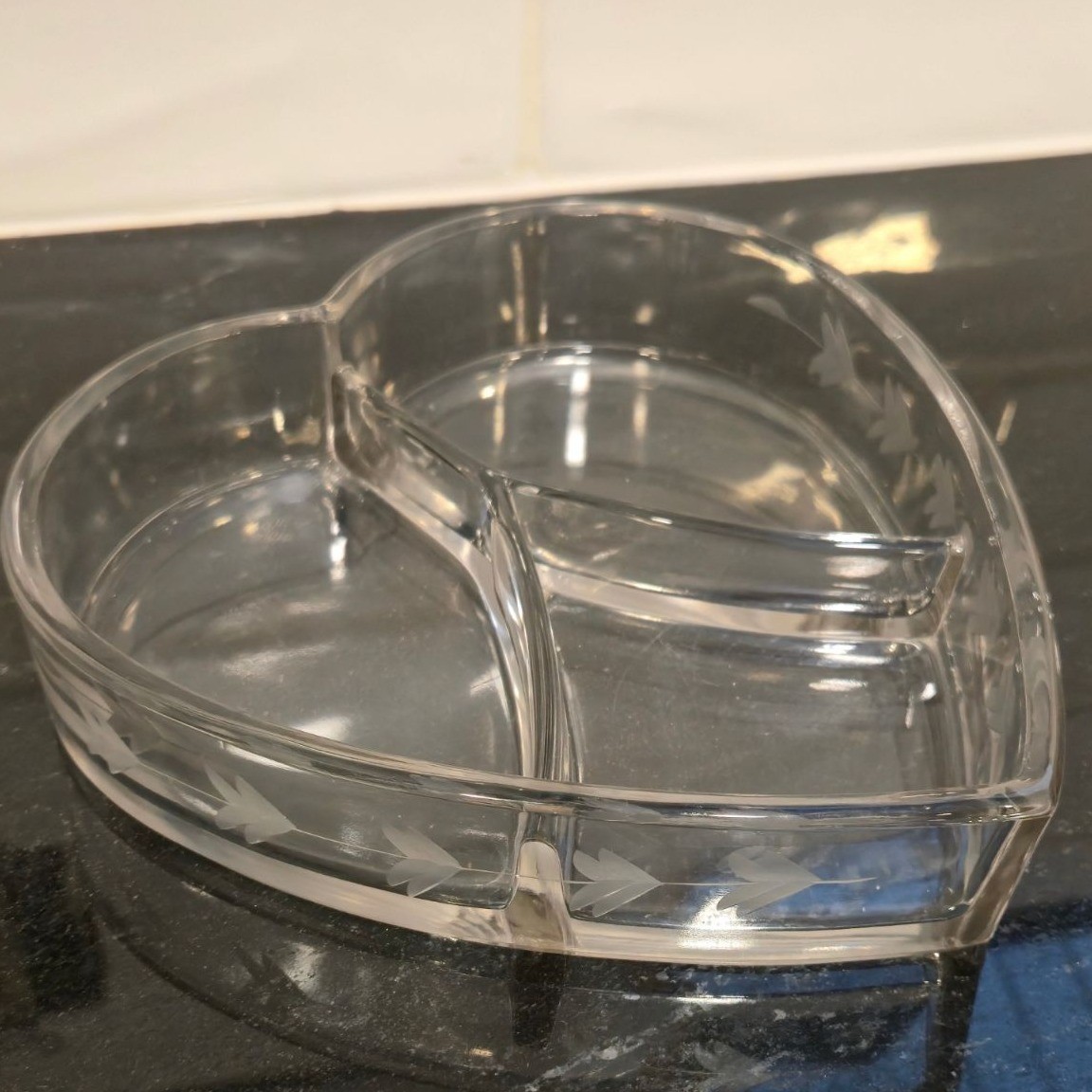Vintage etched crystal Heart shaped Candy dish relish divided Valentines day