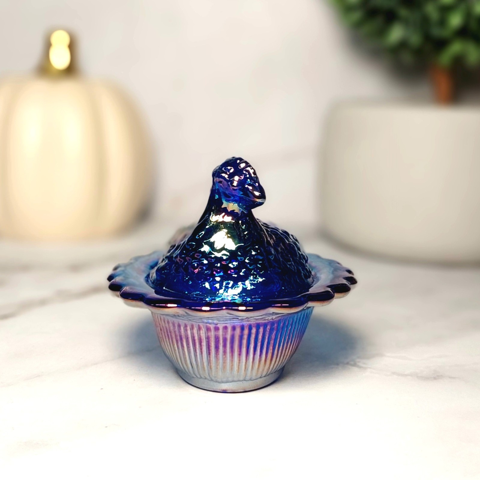 Mosser Cobalt Blue Carnival Glass Hen on Nest Salt Dish, Mini Chicken, VTG Style
