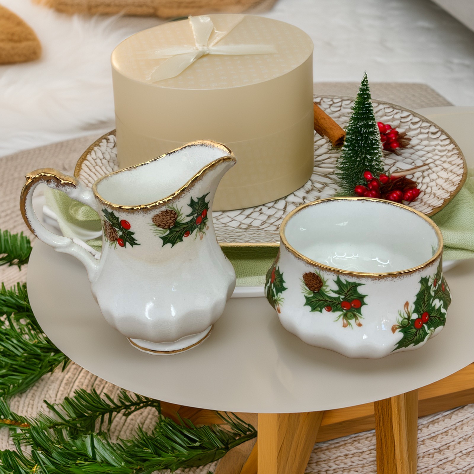 Yuletide Rosina Bone China Cream Pitcher Sugar Bowl Holiday Home Kitchen Holly