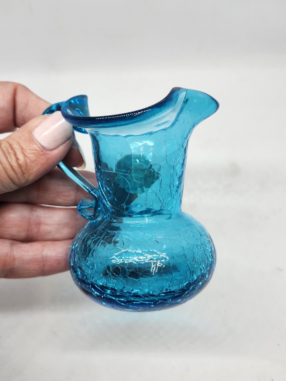 Vintage Kanawha Blue Crackle Glass Creamer Pitcher 3 Inches Glows!