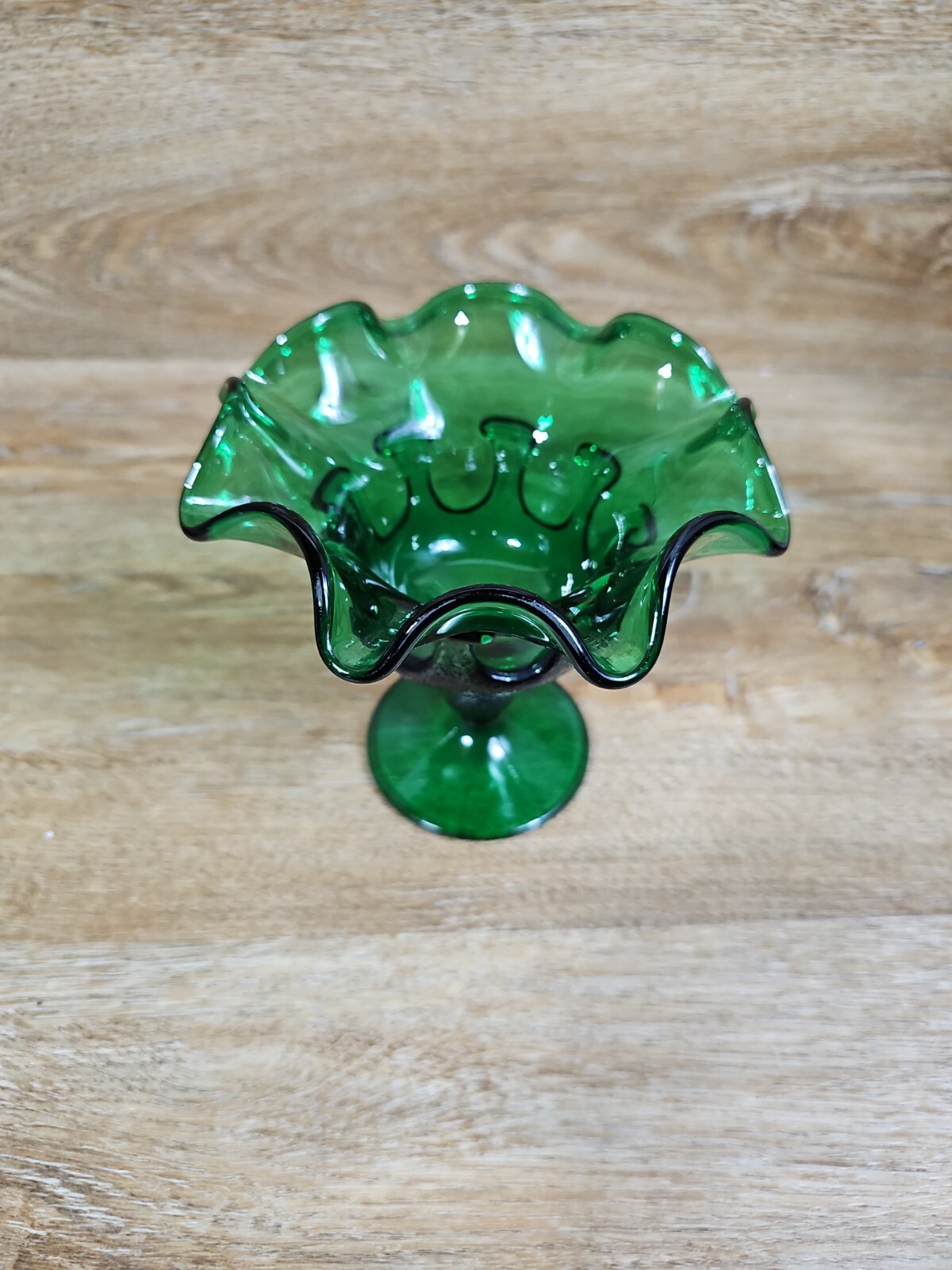 Viking Dark Green Glass Handkerchief Ruffle Top Candy Dish Compote Pedestal VTG