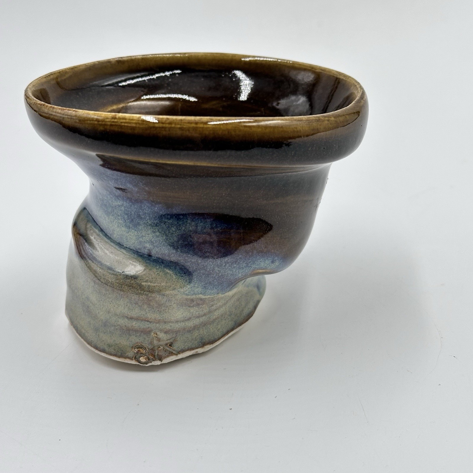 Studio Art Asymmetrical Warped Pottery Cup Blue Drip Glazed Artist Initialed