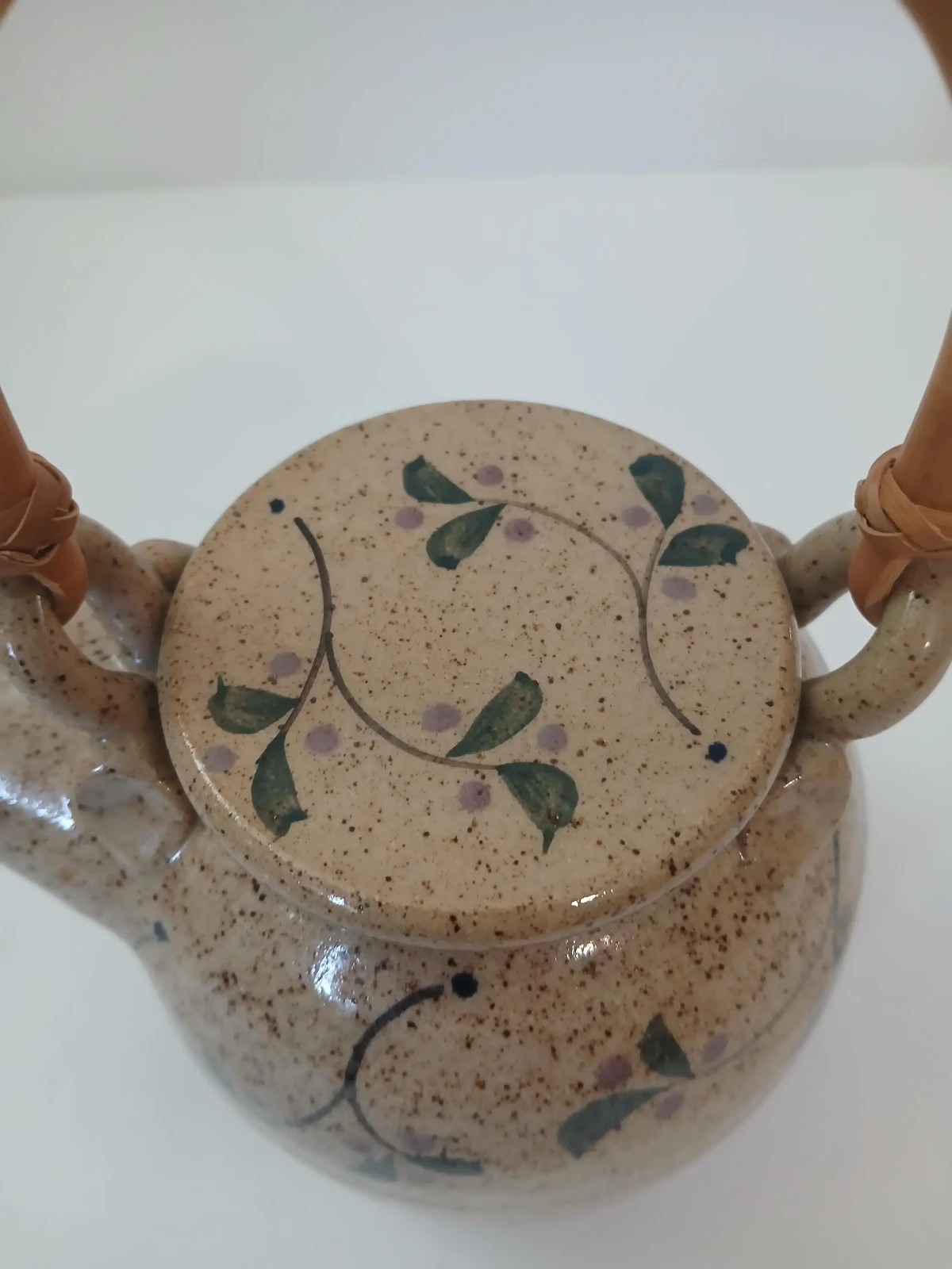 90s Cottagecore Speckled Stoneware Teapot with Bamboo Handle Hand-painted Floral