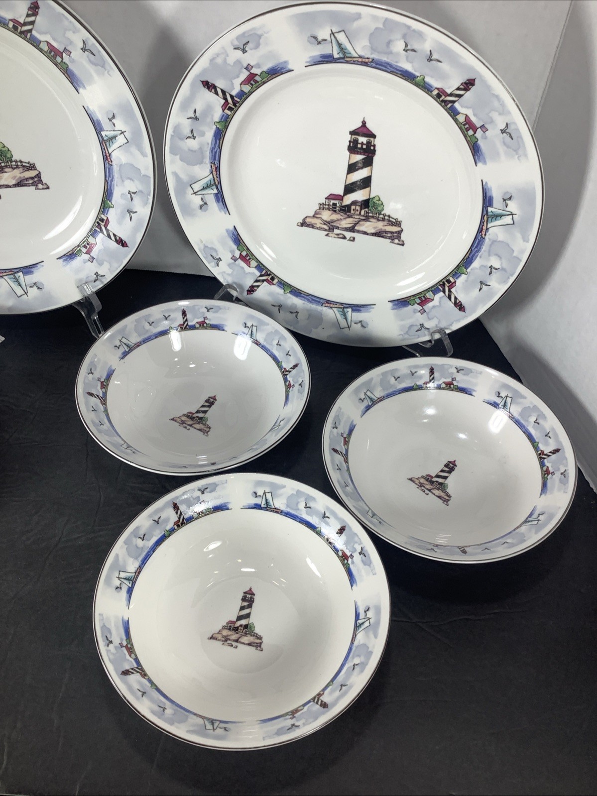 Mixed Set Of 8~Today’s Home Lighthouse Coastal Beach Nautical Plates & Bowls