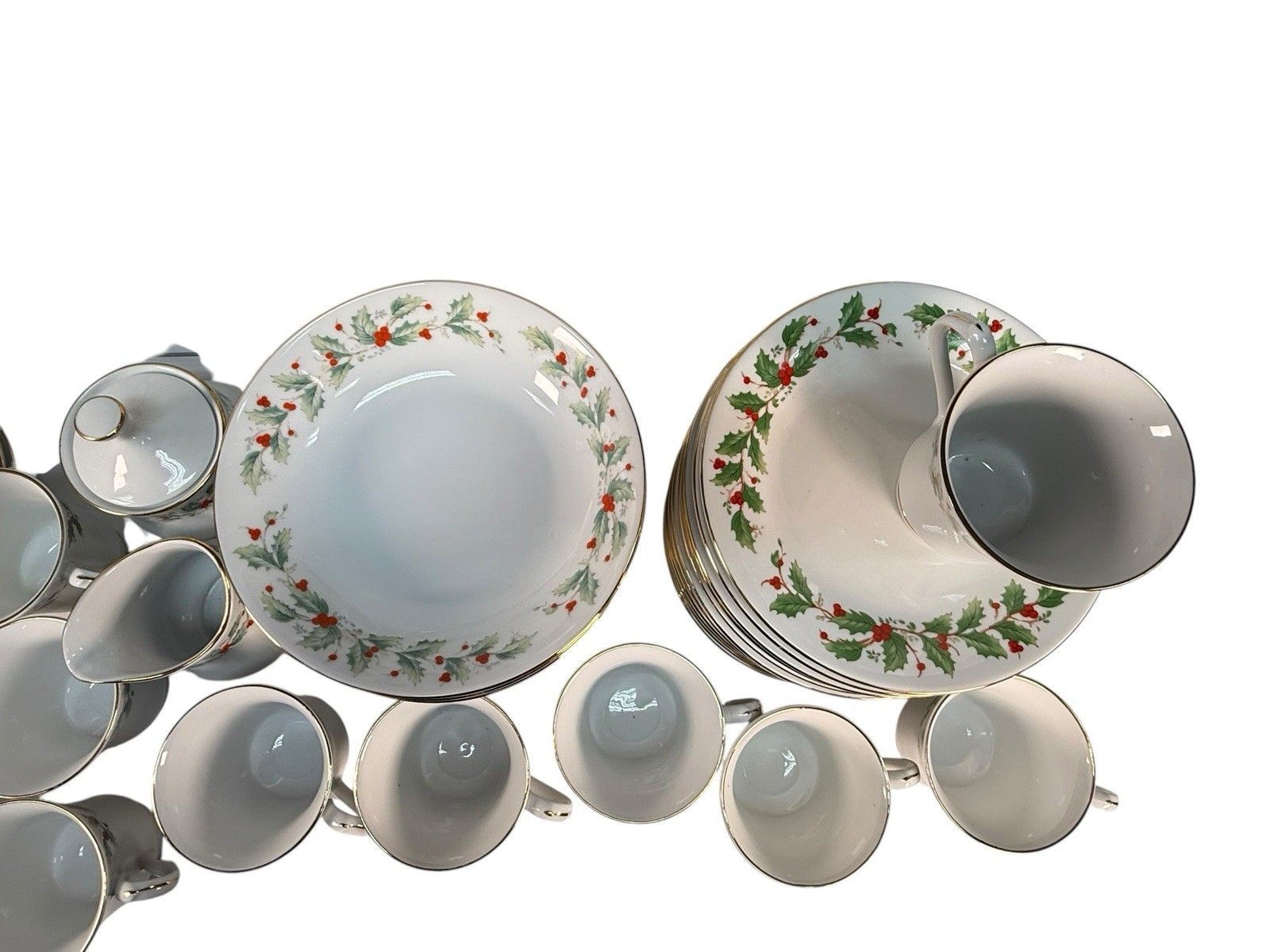 82pc China Pearl NOEL Christmas Dinnerware Set Service for 16 Muted Black Stamp