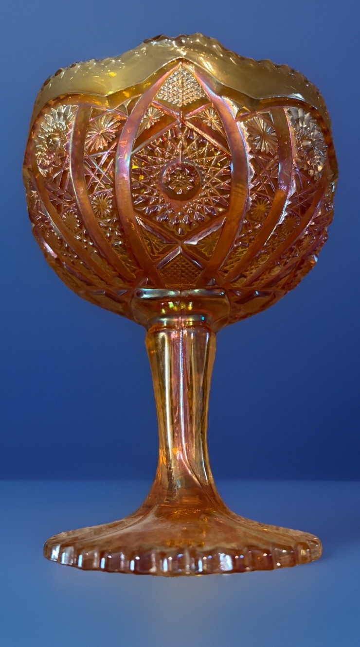 Vintage Marigold Carnival Glass Pedestal Compote Bowl Scalloped Rim