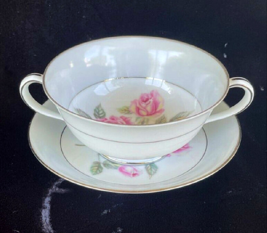 NORITAKE ARLINGTON #5221 Set of 9 Flat Double Handled Cream Soup Bowls & Saucers
