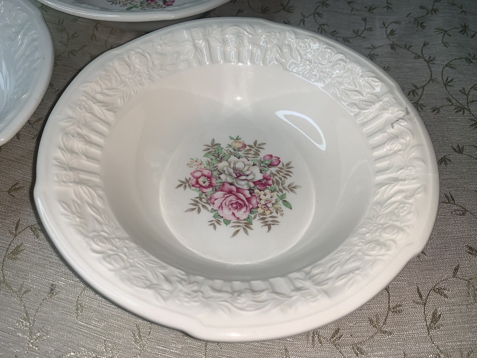 Vtg French Saxon China 6” Floral Bouquet Scalloped Embossed Edge Bowls Set Of 3