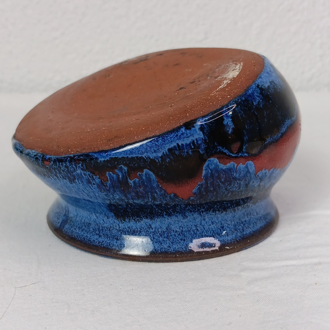 Art Pottery Studio Handcrafted Bowl Red Clay Blue Brown Glaze Slanted Angled