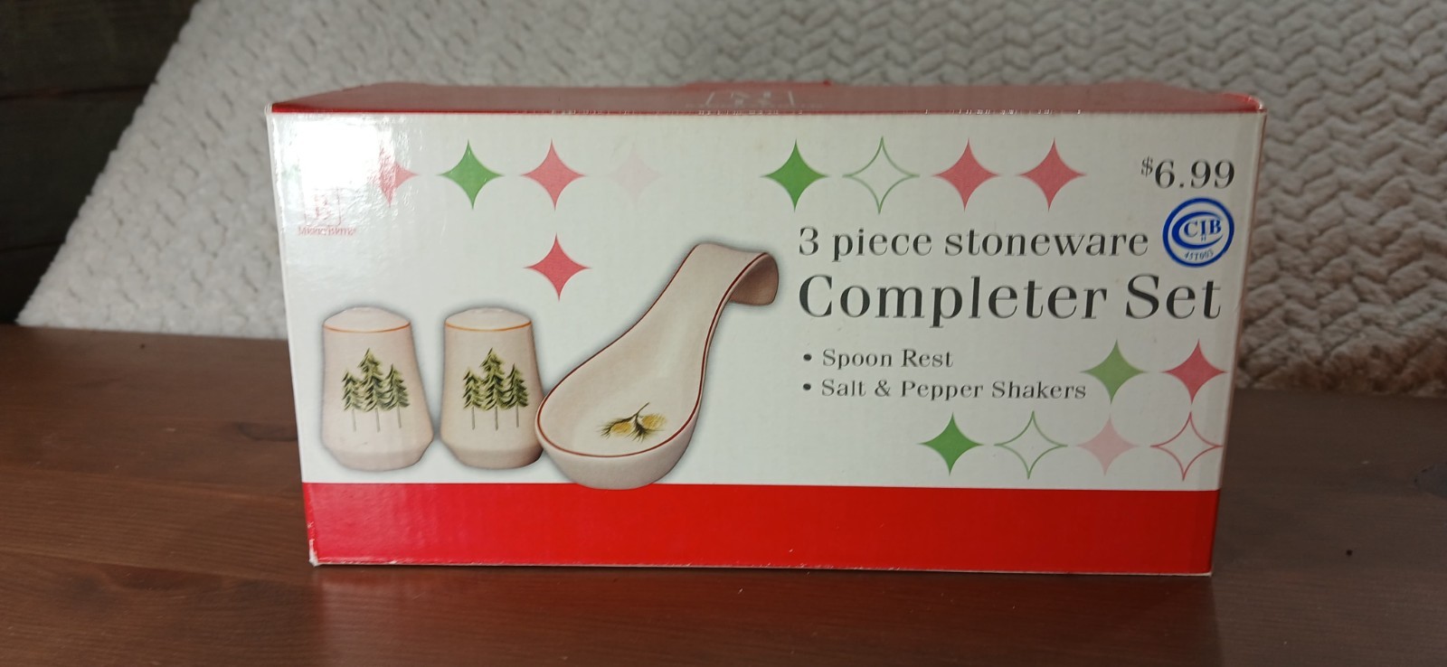 MerryBrite 3 Pcs Stoneware Completer Set Holiday Home Collection Salt Pepper NIB