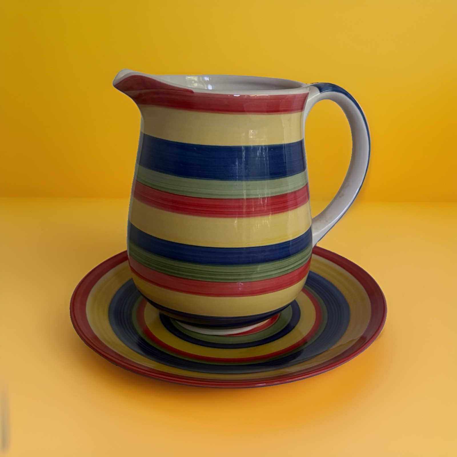 Tabletops Unlimited Swirl Multicolor Pitcher 64oz & 10.5″ Dinner Plate Set VTG