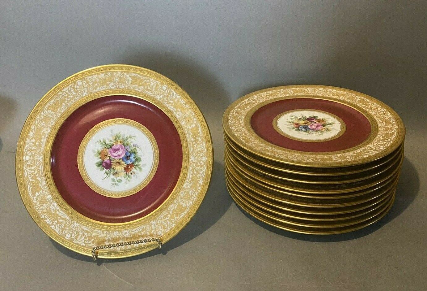 SET OF 11 SELB BAVARIA HEINRICH GILT ENCRUSETED FLORAL DECORATED DINNER PLATES