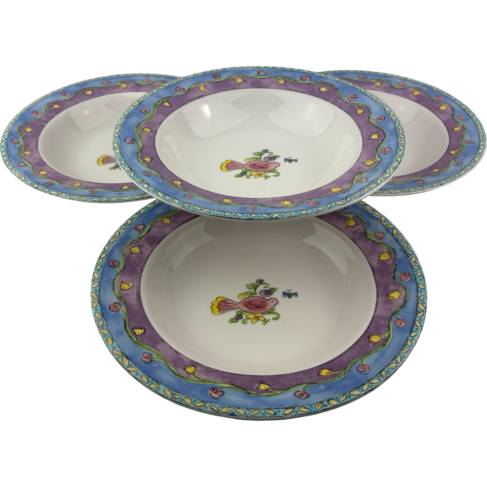 Sango Birds and the Bees Soup Bowls Set of 4 VTG 8 3/4″ Sue Zipkin Stoneware B
