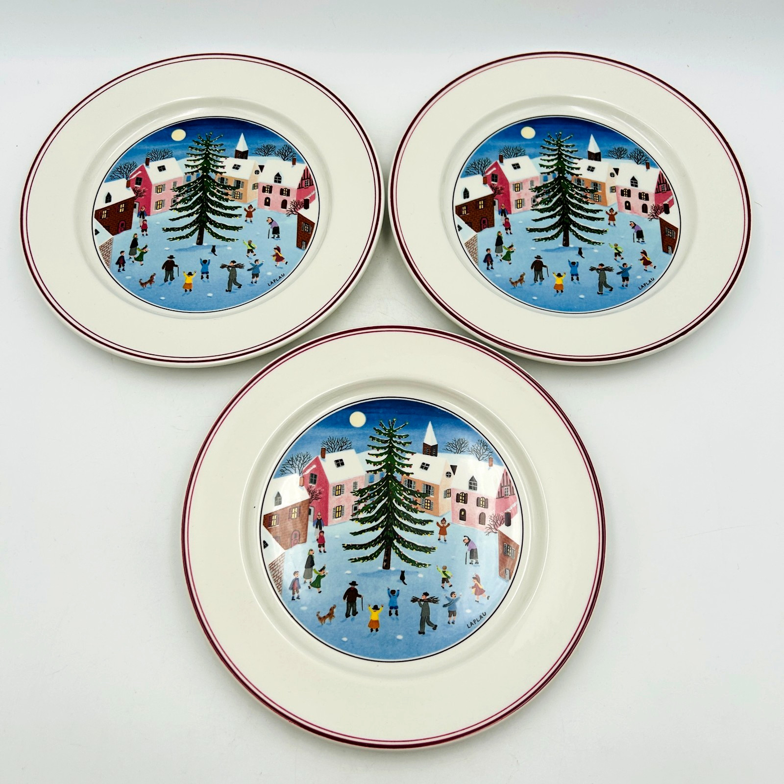 Villeroy & Boch Naif Christmas Set Of 3 Salad Plates 8 inch Excellent Condition