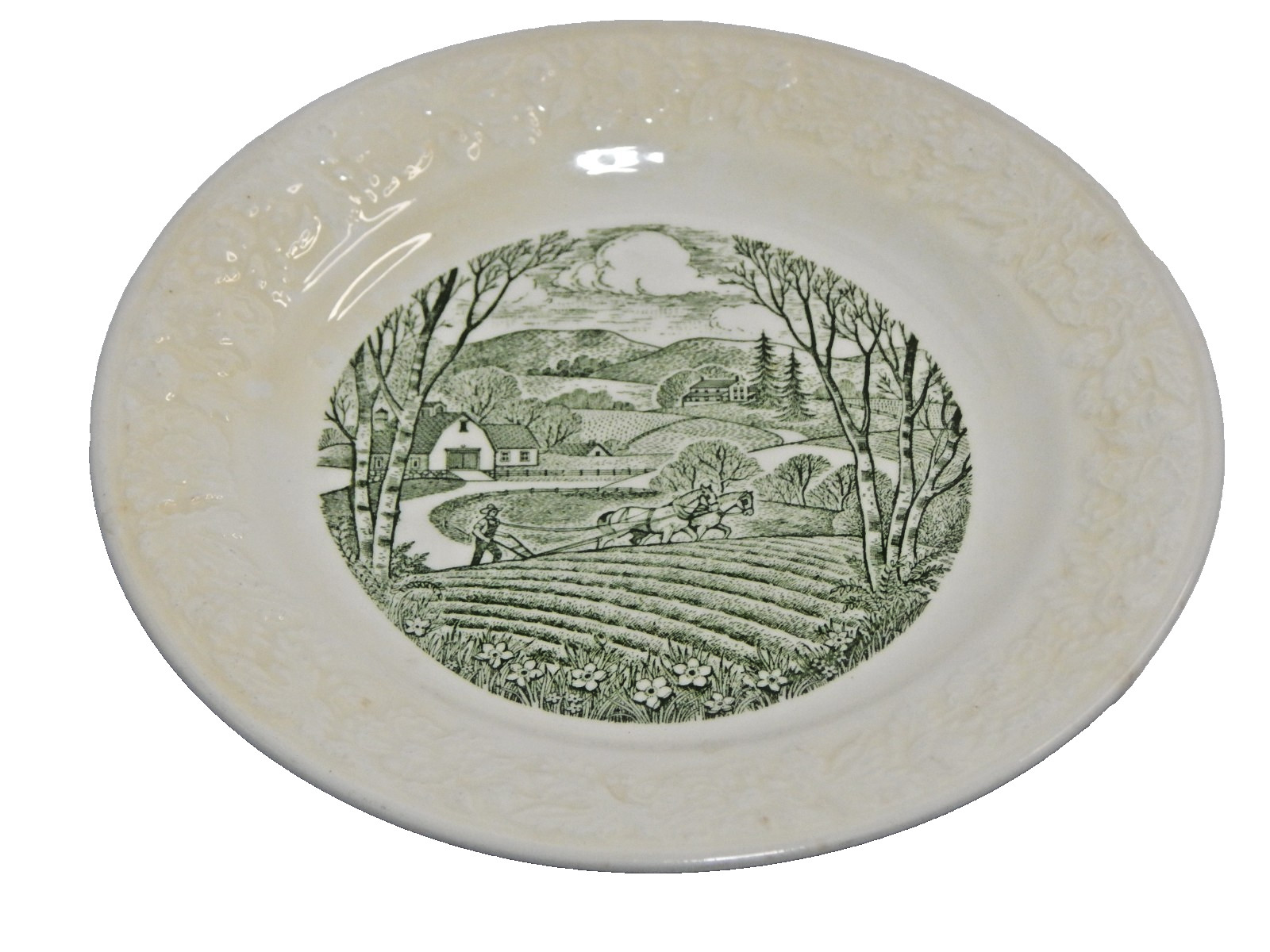 Vintage Homer Laughlin Pastoral Patterm Dessert Plate w/ embossed floral & farm