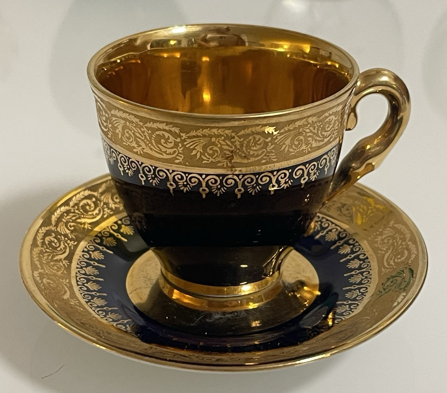 Limoges Blue & Gold Porcelain Tea Cup & Saucer Set Decorated w/ Handle France
