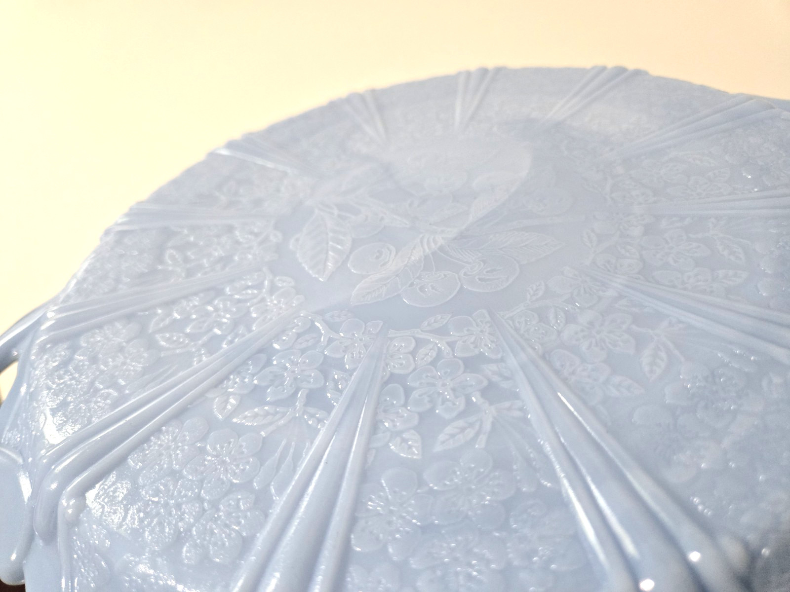 Vintage 1930s Jeannette Delphite Blue Glass Cherry Blossom Handled Tray Platter