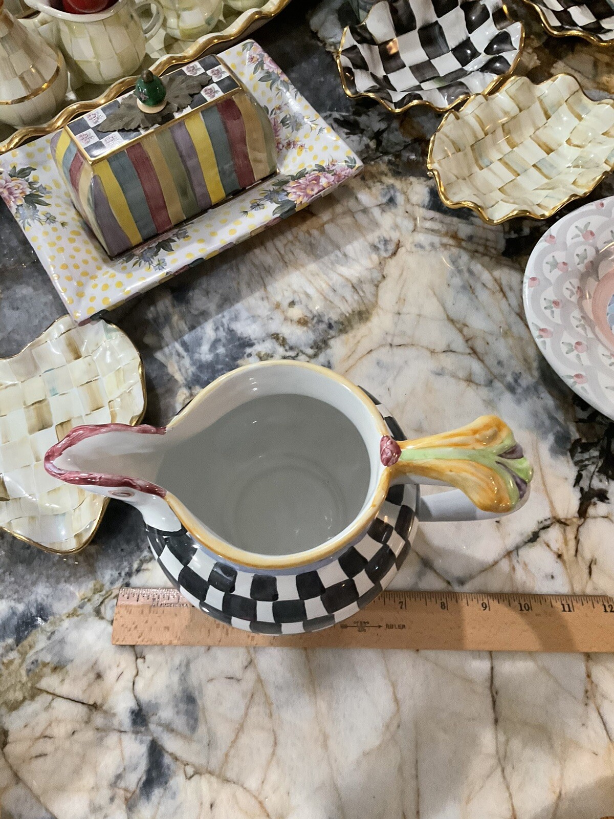 MacKenzie-Childs Piccadilly Chicken Ceramic Pitcher With Courtly Check