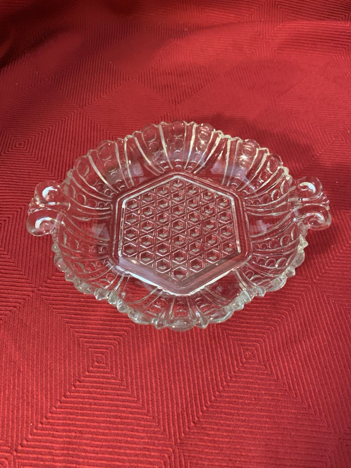Anchor Hocking Clear Glass Vintage Dish with Hexagon and Dot & Cane Pattern 7.5”