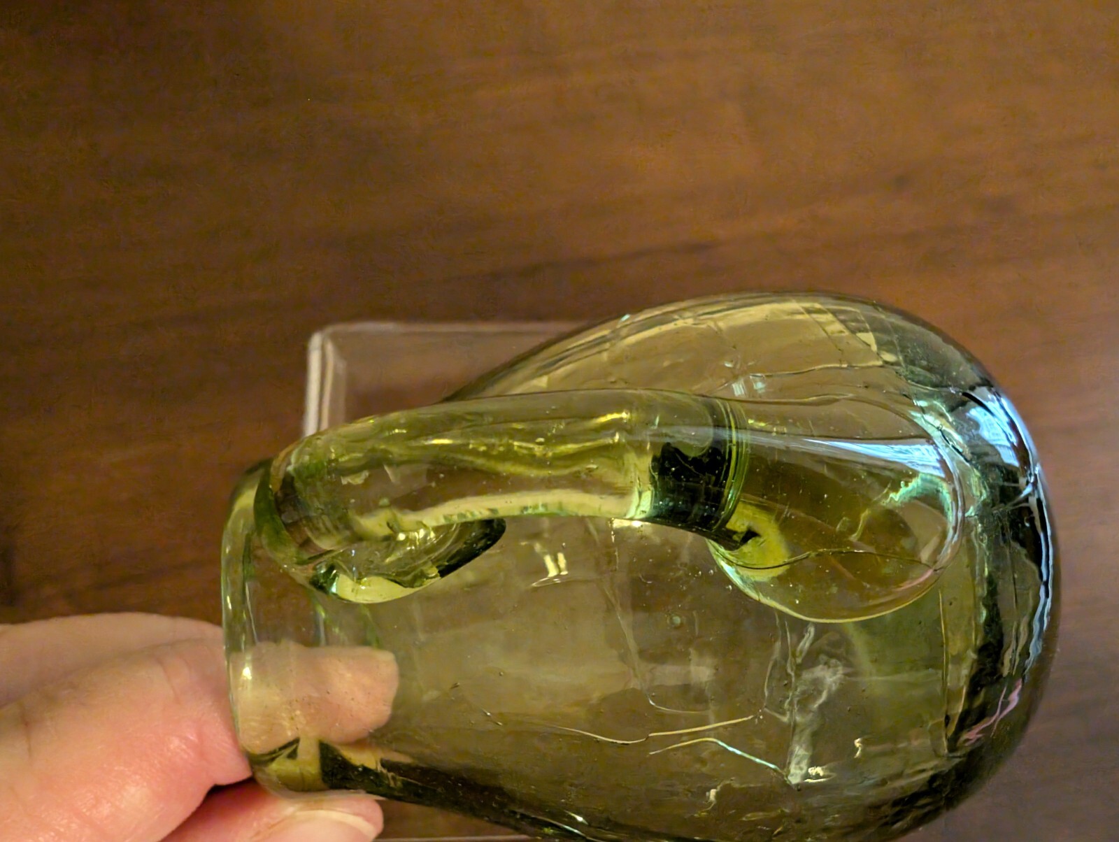 BLENKO Hand-Blown Crackle Glass Olive Green Mini Pitcher w Handle & Sharp Pontil