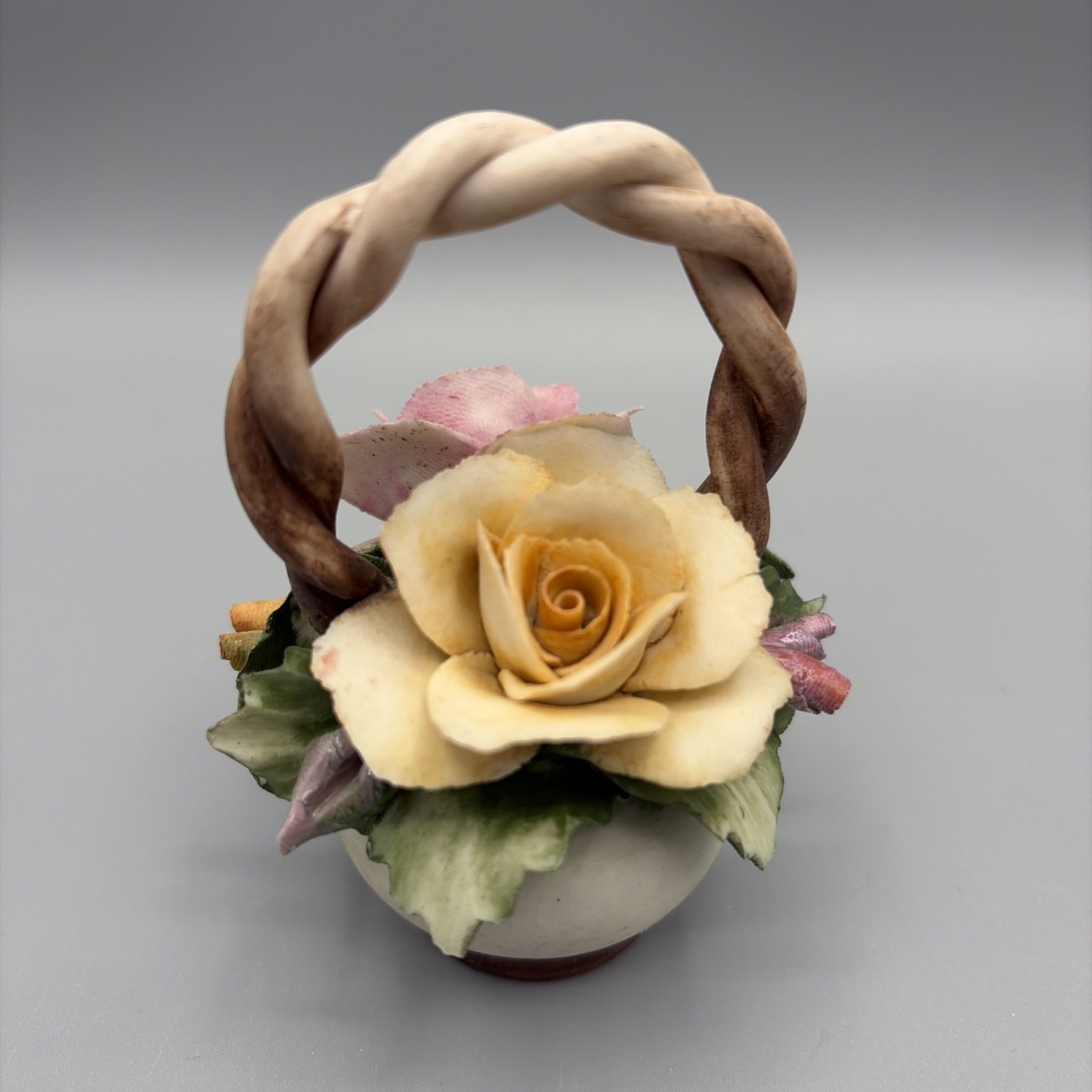 Vintage Capodimonte Porcelain Flowers Basket Centerpiece 4″ Tall, Made in Italy