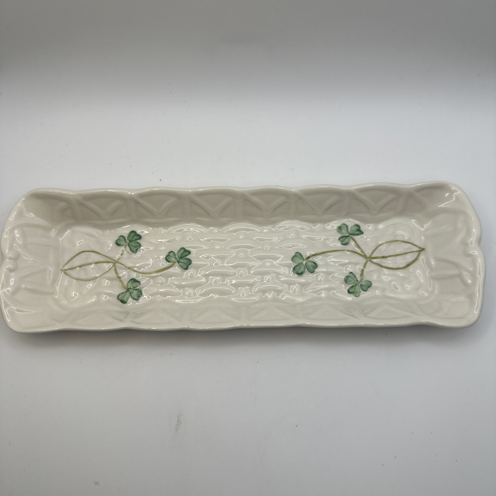 Belleek Shamrock Mint Olive Cookie Cracker Tray Trinket Dish Basketweave Ireland